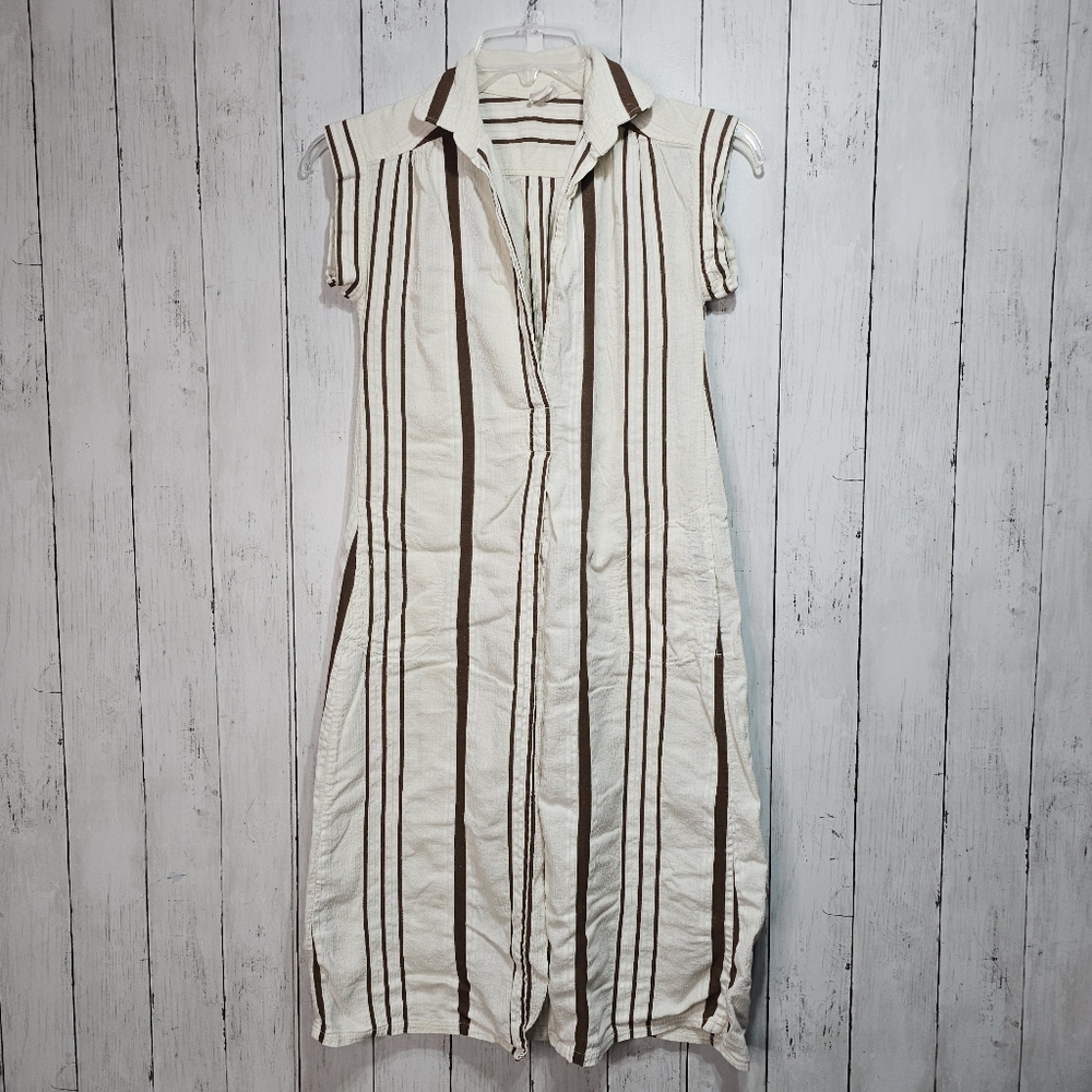 Vintage Balkan George Georgiou Ivory Brown Striped Cotton Long Tunic Size Small.